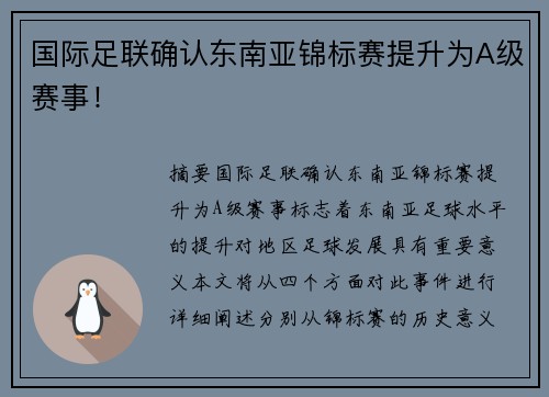 国际足联确认东南亚锦标赛提升为A级赛事！